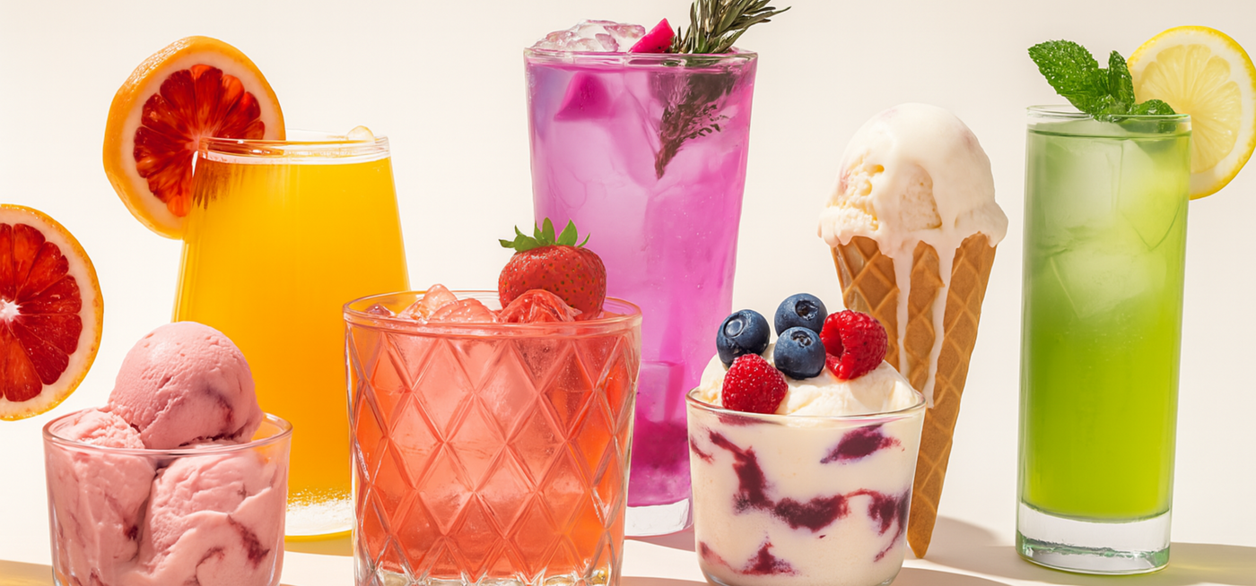 Assorted colorful drinks and desserts on a light background
