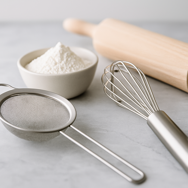 Baking utensils including a bowl of flour, rolling pin, sifter, and whisk on a light surface.