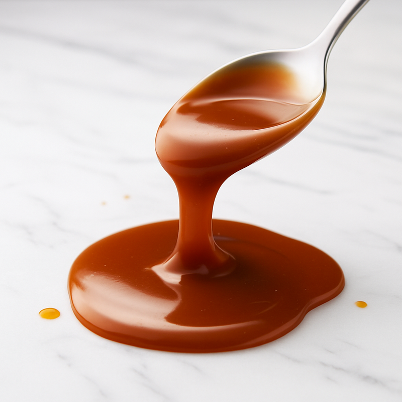 Spoon with caramel sauce on a white marble surface