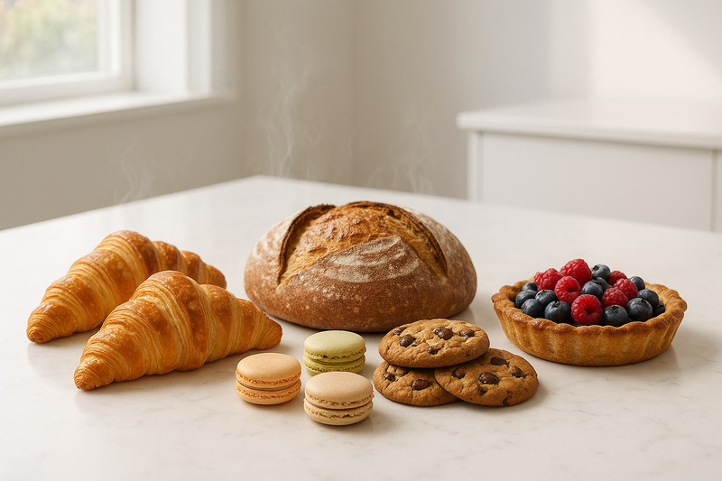 photo realistic image of baked goods. make it look delicious. modern and clean.