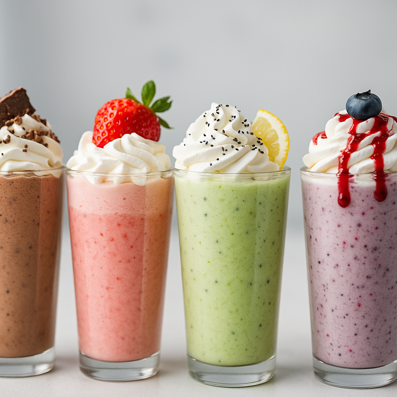 Five colorful milkshakes with various toppings in glass cups on a light background