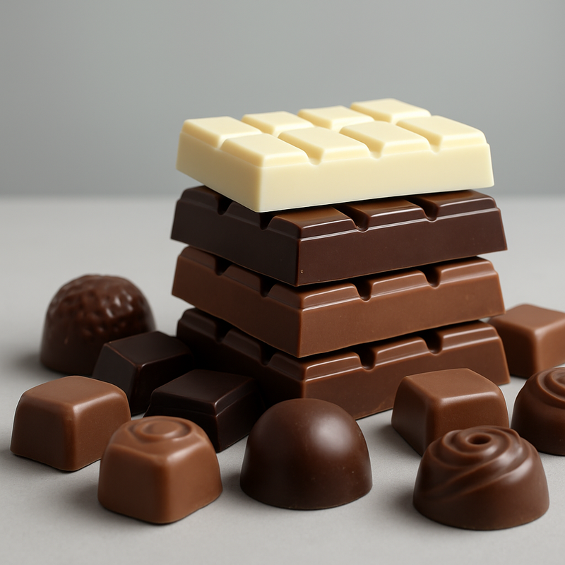 Stack of chocolate bars and candies on a gray background