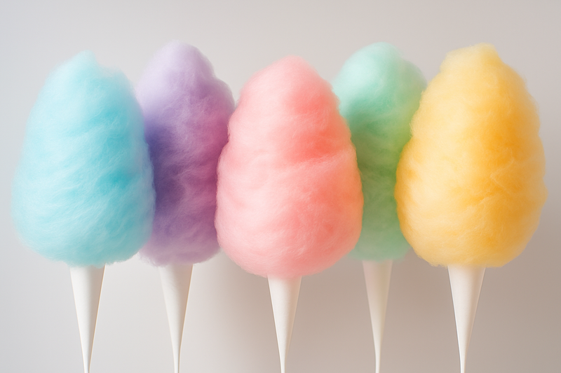 Five colorful cotton candy lollipops on a light gray background