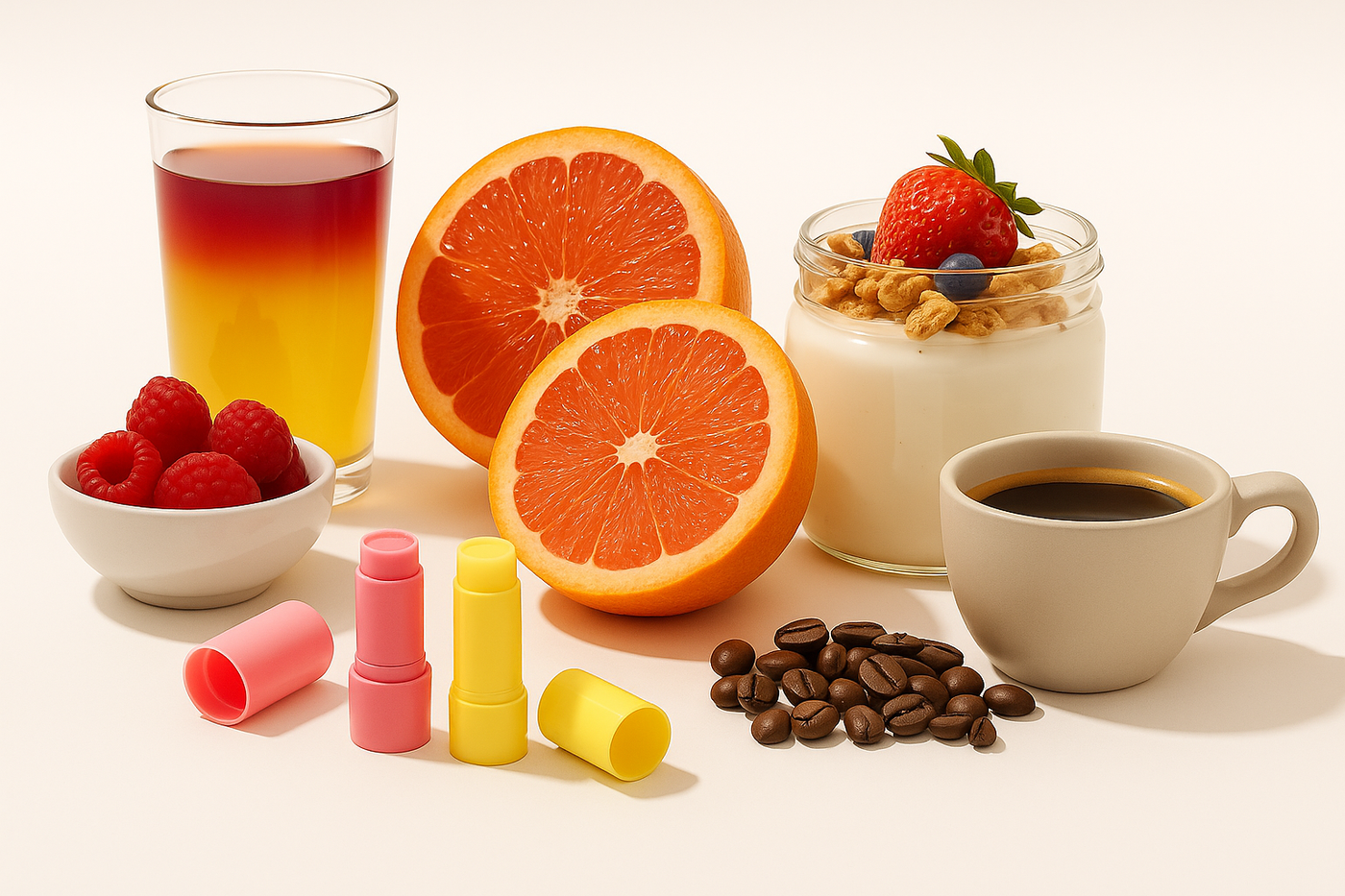Assorted items including oranges, coffee, yogurt, and lip balm on a white background