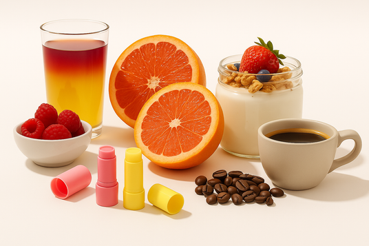 Assorted items including oranges, coffee, yogurt, and lip balm on a white background