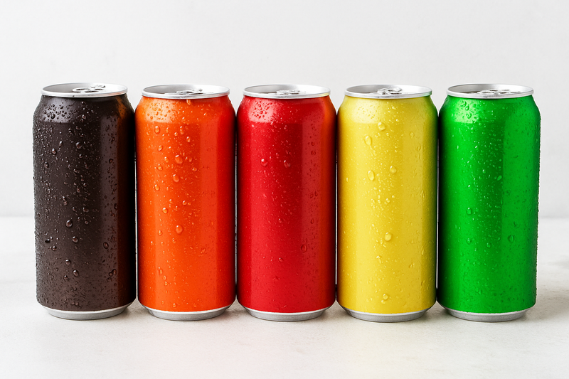 Five colorful cans of soda on a white background