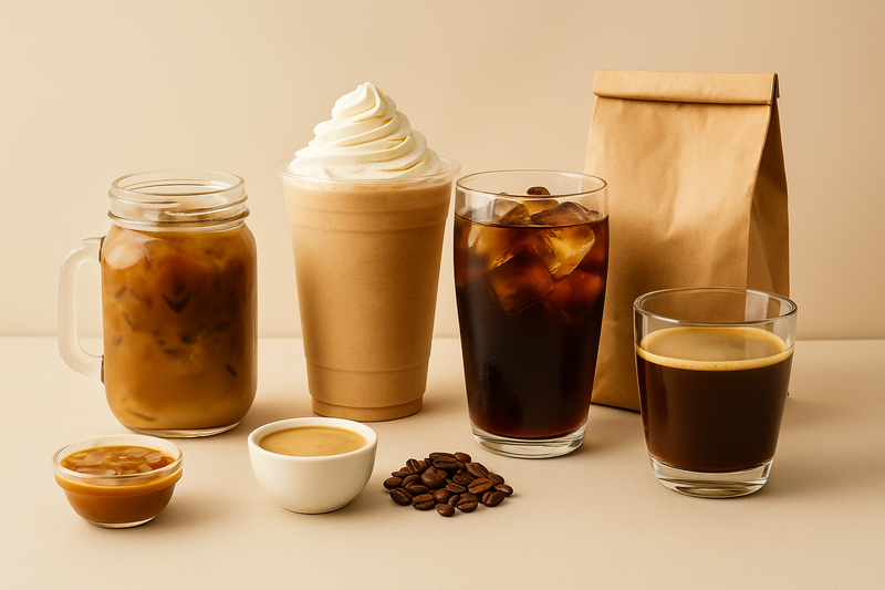 Collection of coffee beverages including iced coffee, latte, and coffee beans on a beige background.