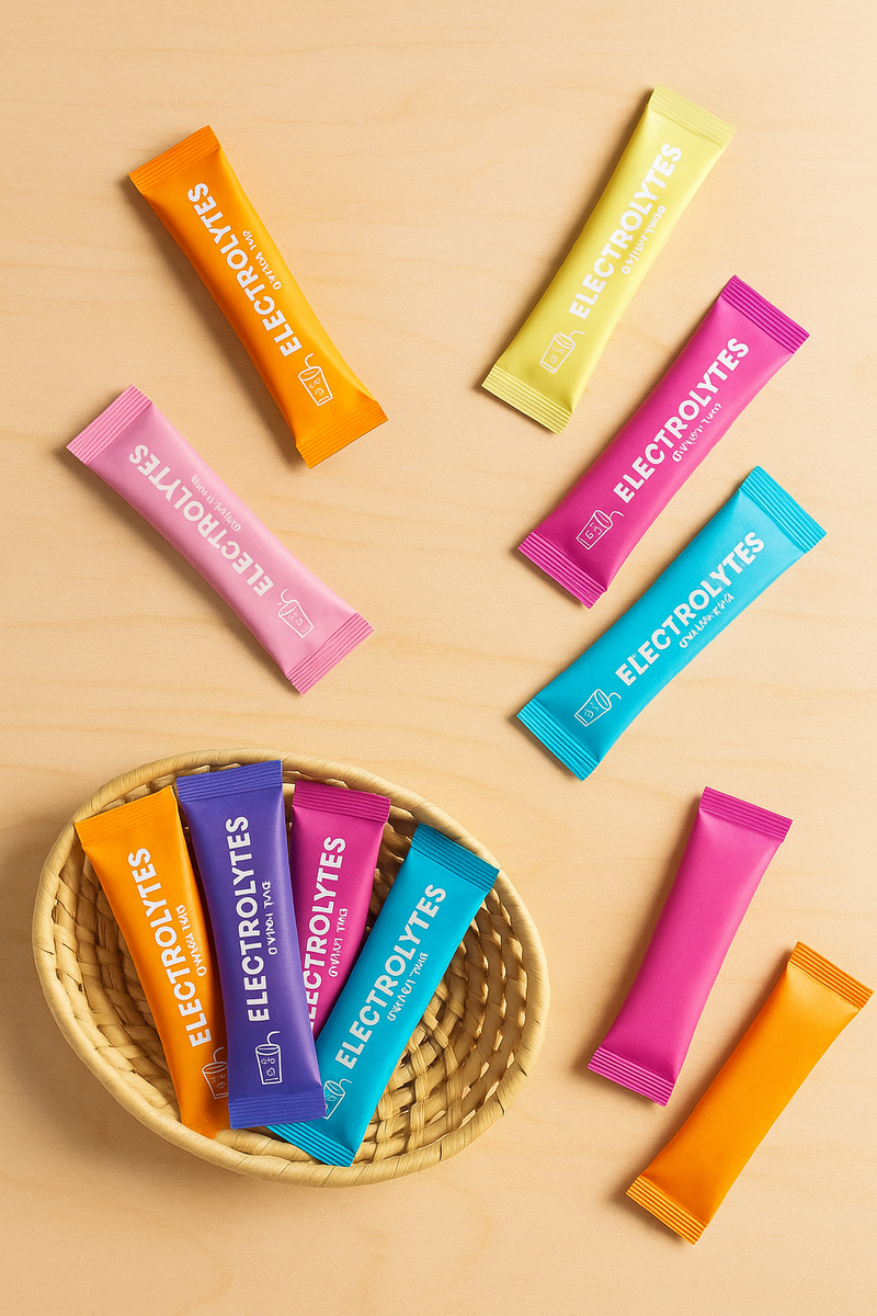Colorful electrolyte powder packets on a beige background