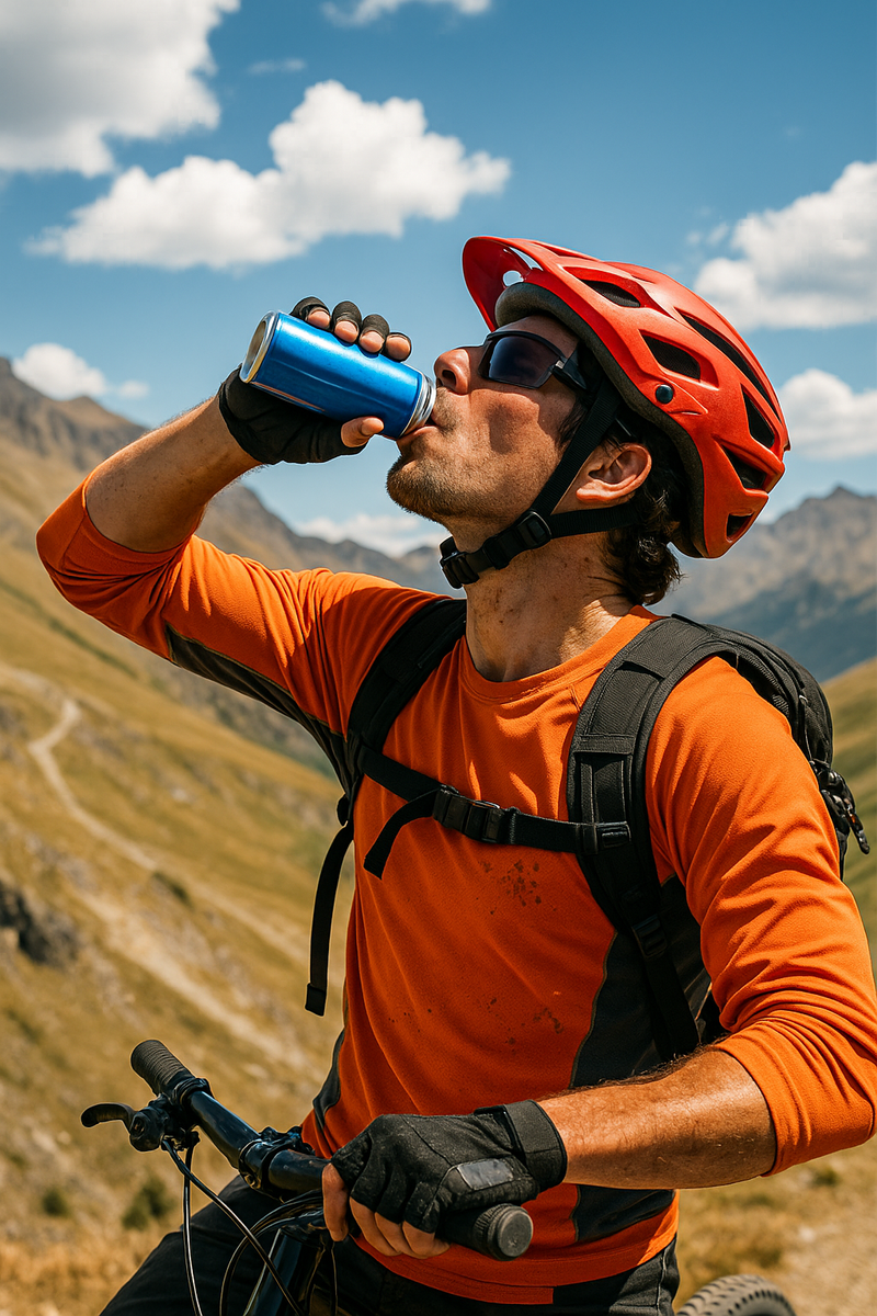 Man in orange shirt and helmet drinking from a blue water bottle with mountains in the background