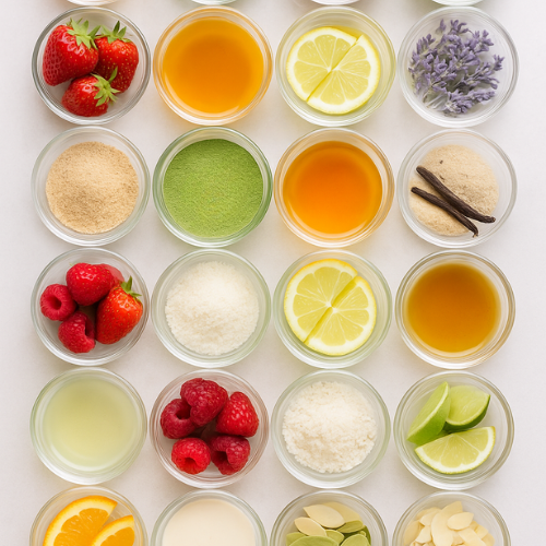 Assorted ingredients including berries, citrus fruits, and spices in small glass containers on a white background.