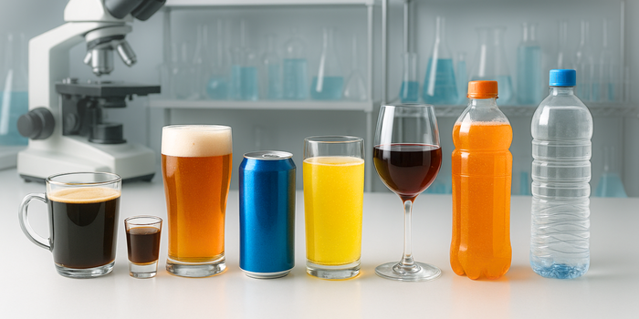 Various drinks including coffee, beer, juice, and soda displayed in a laboratory setting with scientific equipment.