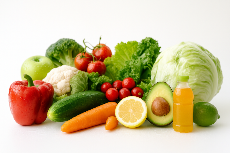 Assorted fruits and vegetables on a white background