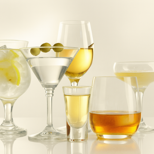 Collection of various glasses with different types of drinks on a reflective surface.