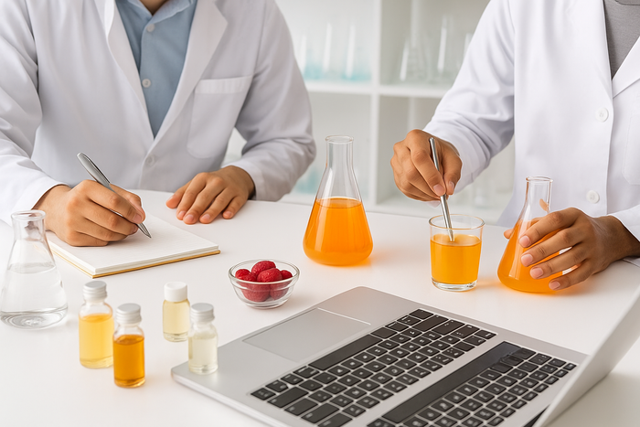 Two scientists working at a table with laboratory equipment and a laptop.