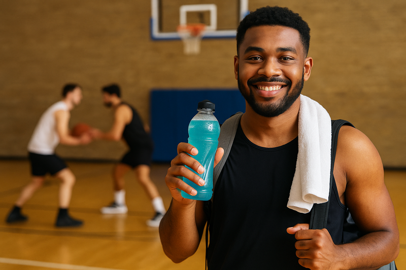 Man holding a blue bottle with a towel draped over his shoulder, standing on a basketball court.
