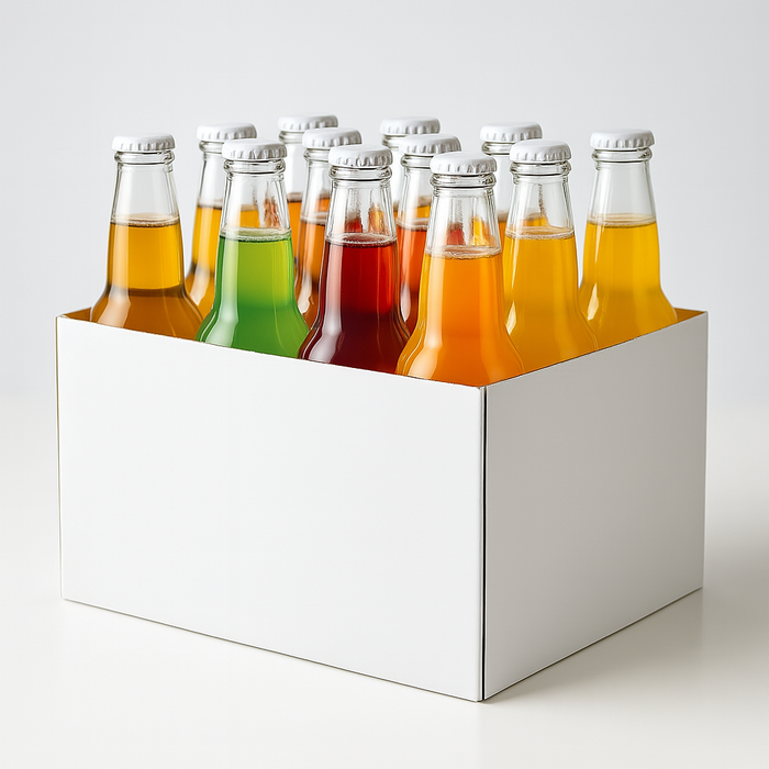 Assorted colored beverages in glass bottles in a white box on a light gray background
